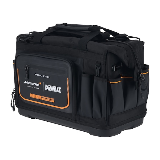 DEWALT McLaren tool bag with multiple pockets and water resistant compartment for organized storage.