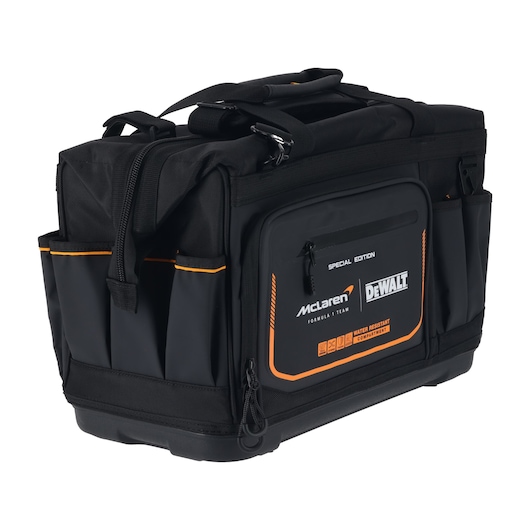 DEWALT McLaren tool bag with water-resistant compartments for organized storage and easy transport.