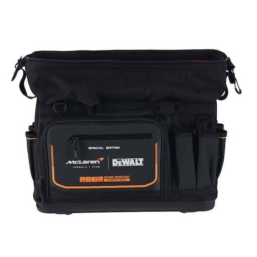 DEWALT McLaren special edition tool bag with water resistant compartment for tool organization.
