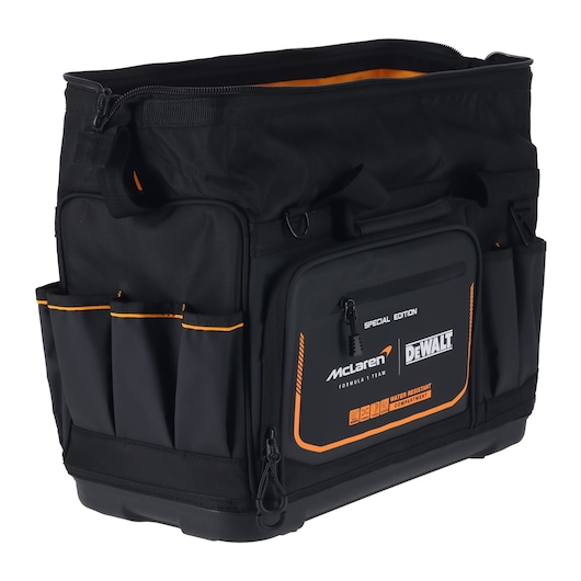 DEWALT McLaren tool bag with multiple pockets for organized storage and water-resistant use.