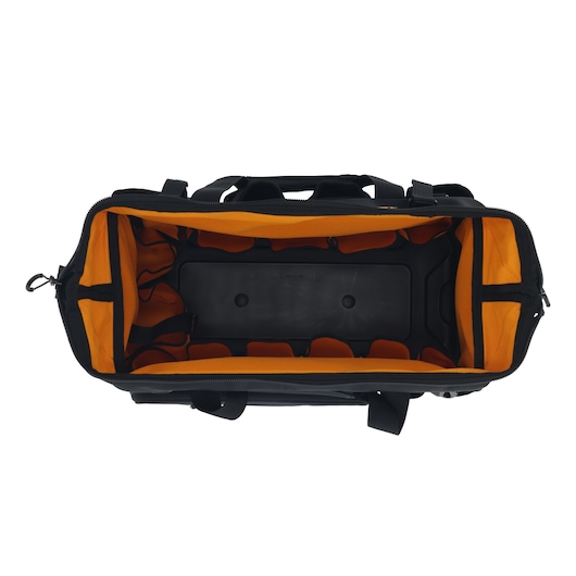 Black and orange tool bag with open top and internal compartments for organized storage.