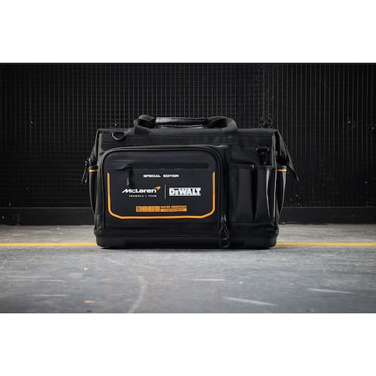 DEWALT McLaren tool bag large size for professional use with water-resistant compartments.