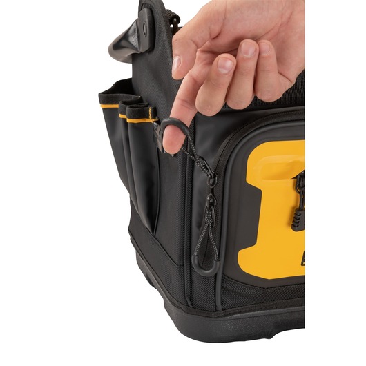 Close up of zip pull feature on Dewalt 20" Pro Tool Tote"