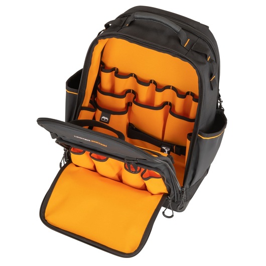 Limited Editon DEWALT/McLaren Backpack open showing tool storage