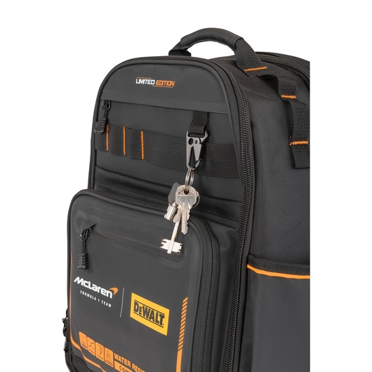 Limited Editon DEWALT/McLaren Backpack close-up of key holder