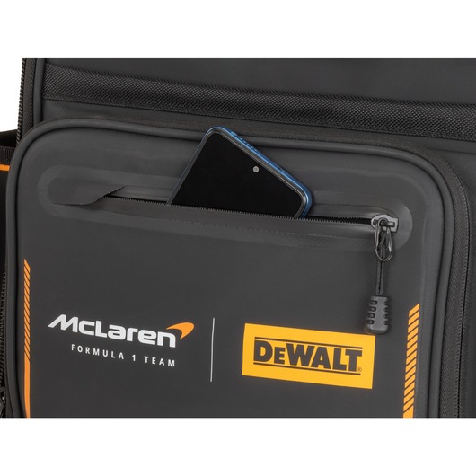 Limited Editon DEWALT/McLaren Backpack close-up of outside pocket holding mobile phone
