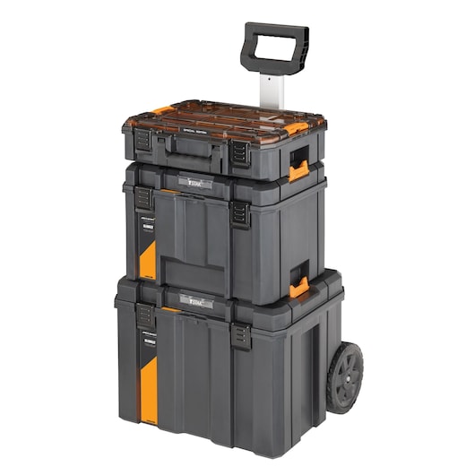 Stanley TSTAK stackable toolboxes with wheels and handle for portable storage and organization.