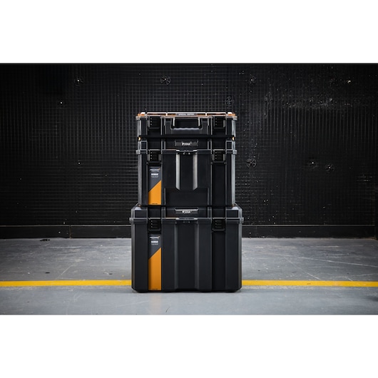 DEWALT stackable storage boxes, large, for tool organization, durable for workshop use.