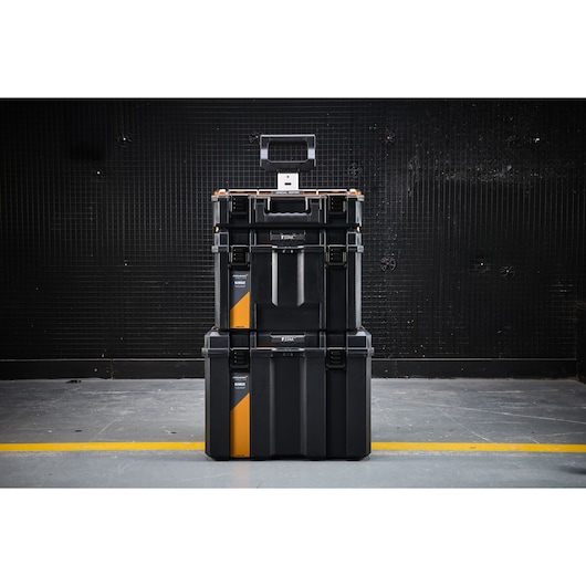 STANLEY stackable storage boxes, large size, for tool organization and transportation.