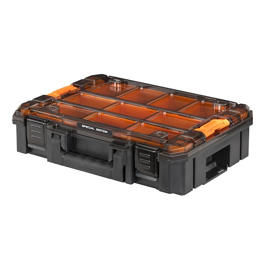 Special Edition storage box with multiple compartments for organizing small items and tools.