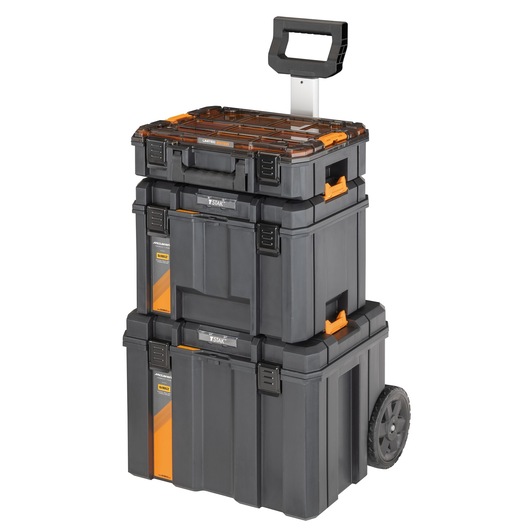 Limited Editon DEWALT/McLaren TSTAK 3-IN-1 Rolling Workshop Bundle combines wheeled mobile storage with the deep storage tool box and the clear-lid organiser