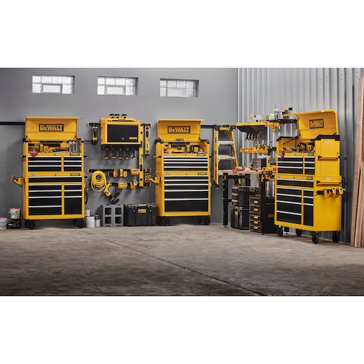 DEWALT Metal Chests and Cabinets Featuring Batteries and Lawn/Garden Kits.