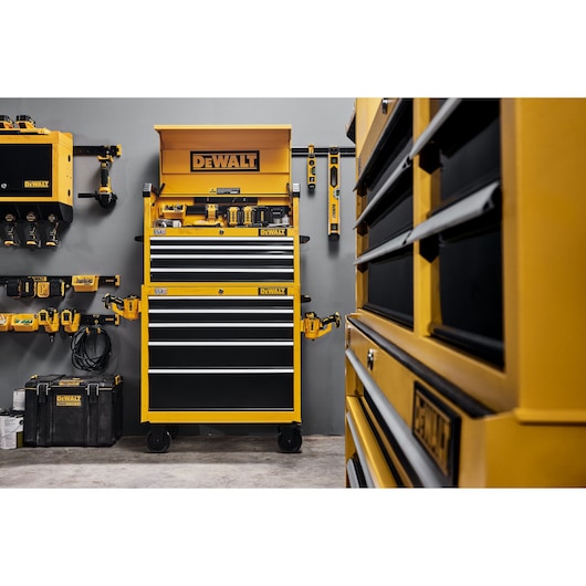 DEWALT Metal Chests and Cabinets Featuring Batteries and Hand Tools.