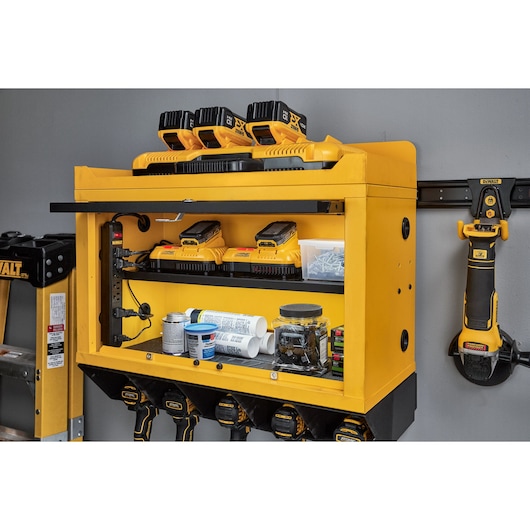 DEWALT Batteries and Acessories in a DEWALT Wall Cabinet