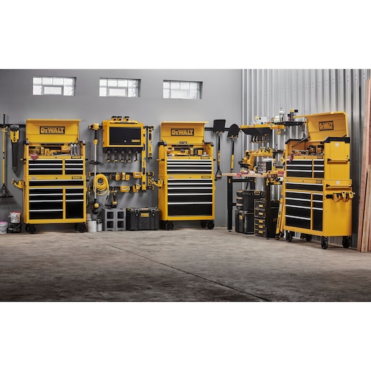 DEWALT Metal Chests and Cabinets Featuring Batteries and Lawn/Garden Kits.