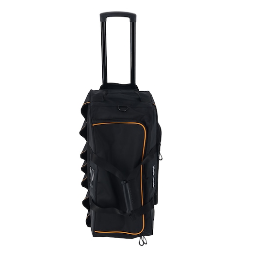 Black rolling duffle bag with orange trim, large size, travel use, offers easy transport of gear.