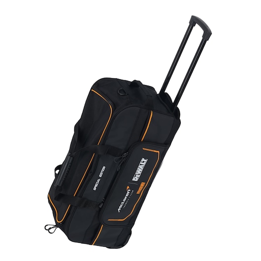 DEWALT McLaren rolling duffel bag with telescopic handle for travel and tool storage.