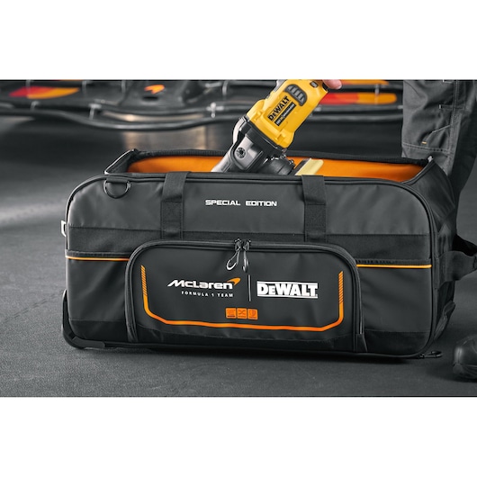 DEWALT McLaren special edition tool bag with power tool for professional transport and organization.
