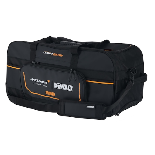 DEWALT/McLaren Duffle Bag ¾ right side view showing handle and shoulder strap
