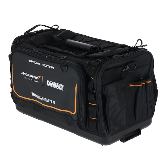 DEWALT ToughSystem 2.0 tool bag with McLaren branding, multi-pocket, for organization and transport.
