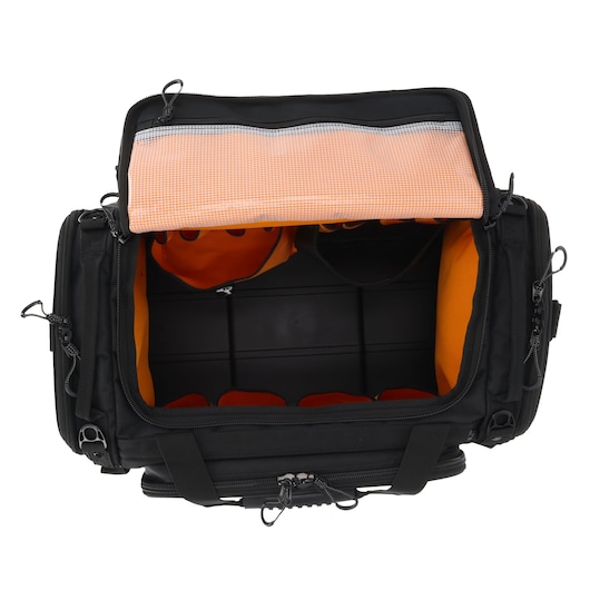 Black photography gear bag with orange padded interior for equipment protection.