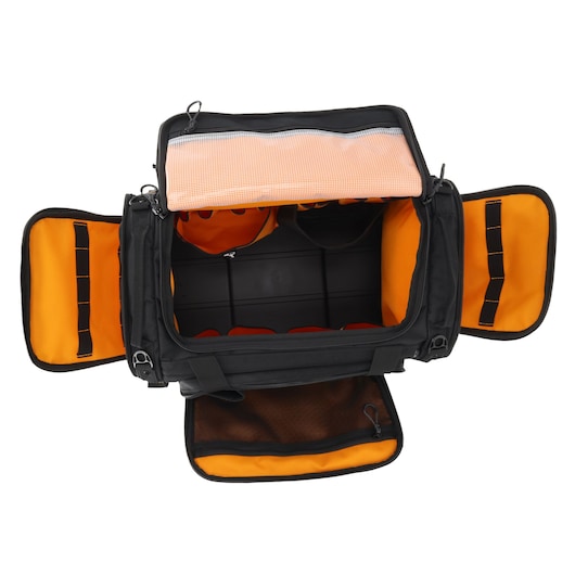 Black photography gear bag with orange interior, multiple compartments for organized storage and protection.