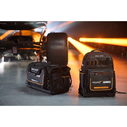 DEWALT McLaren tool backpack and duffel bag for professional tool storage and transport.