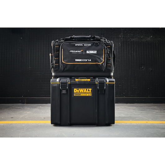 DEWALT ToughSystem 2.0 stackable toolbox and bag for tool storage, durable for professional use.