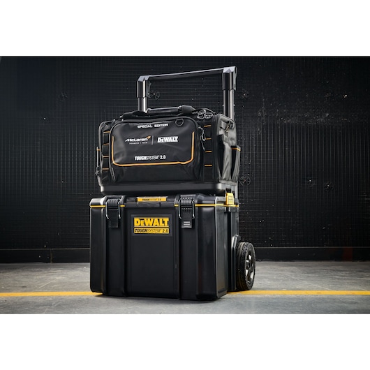 DEWALT ToughSystem 2.0 rolling toolbox set for tool storage and transport on job sites.