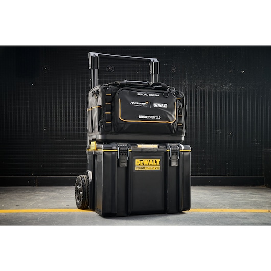 DEWALT ToughSystem 2.0 wheeled toolbox and bag for storage and transport, suitable for tools and accessories.