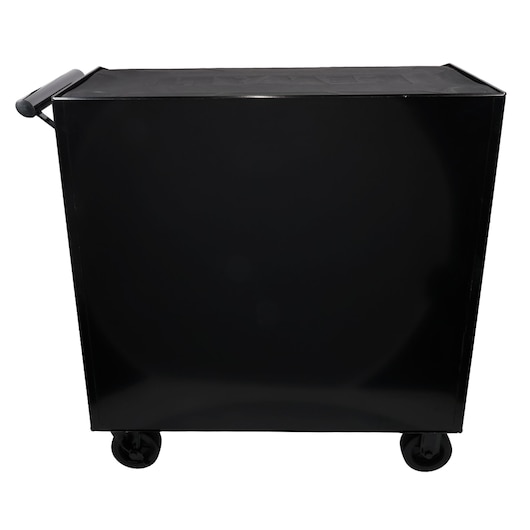 Black rolling storage cart with handle for mobile organization and transport of photography equipment.